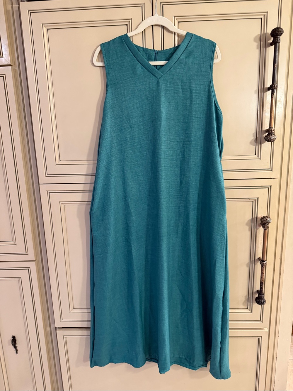 New Sleeveless Teal V-Neck Women's maxi Dress Cotton Linen pockets A line Lg